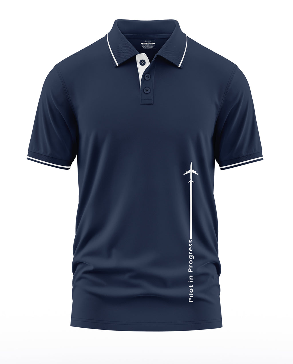 Navy blue men's polo t-shirt with white airplane graphic and 'Pilot in Progress' text