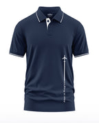 Navy blue men's polo t-shirt with white airplane graphic and 'Pilot in Progress' text