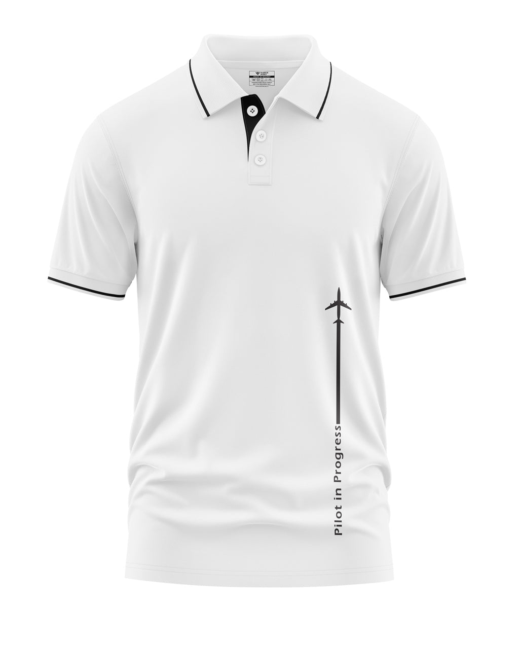 White men's polo t-shirt with black collar trim and 'Pilot in Progress' airplane graphic