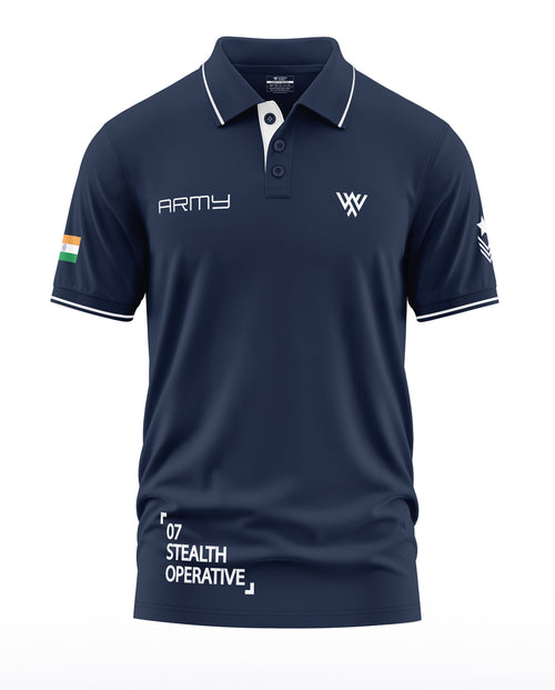Navy blue men's polo t-shirt with 'ARMY' text, Indian flag patch, and white design accents