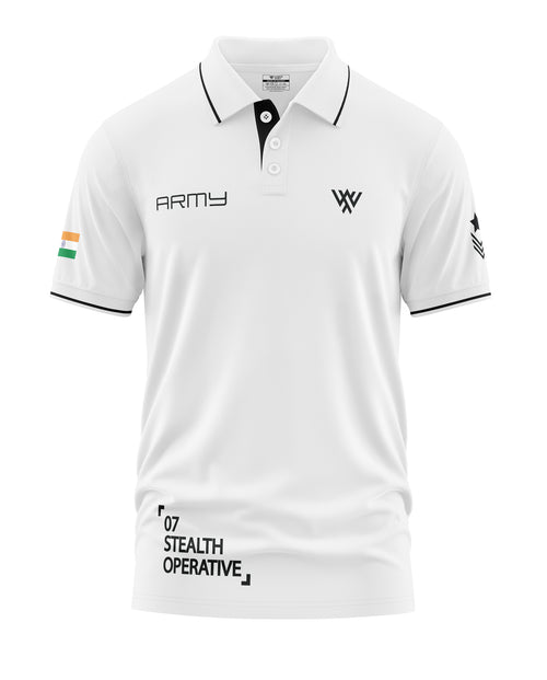 White men's polo t-shirt with army insignia, Indian flag sleeve, and '07 Stealth Operative' text.