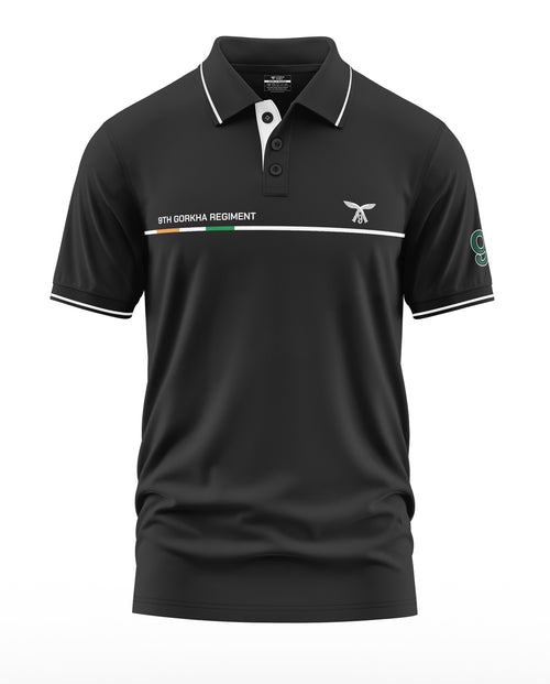Black polo t-shirt with 9th Gorkha Regiment text, embroidered logo, and white trim details