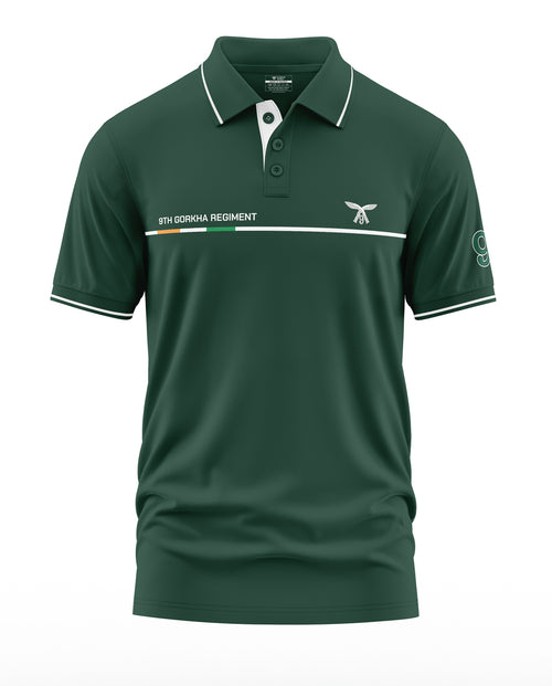 Green 9th Gorkha Regiment polo t-shirt with white trim and military-style graphics