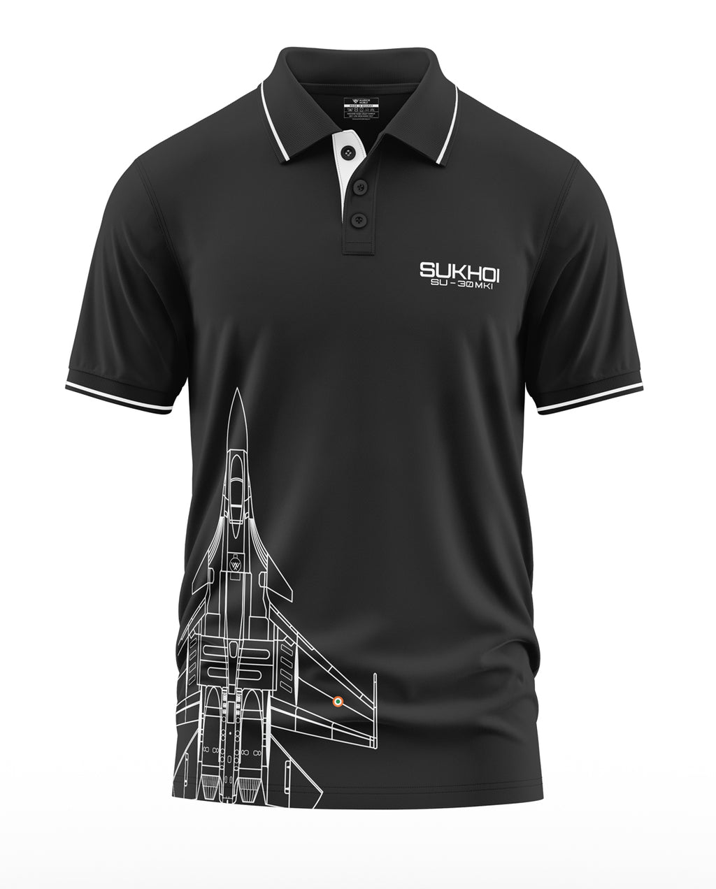 Black polo t-shirt for men with Sukhoi SU-30 MKI fighter jet graphic and white accents