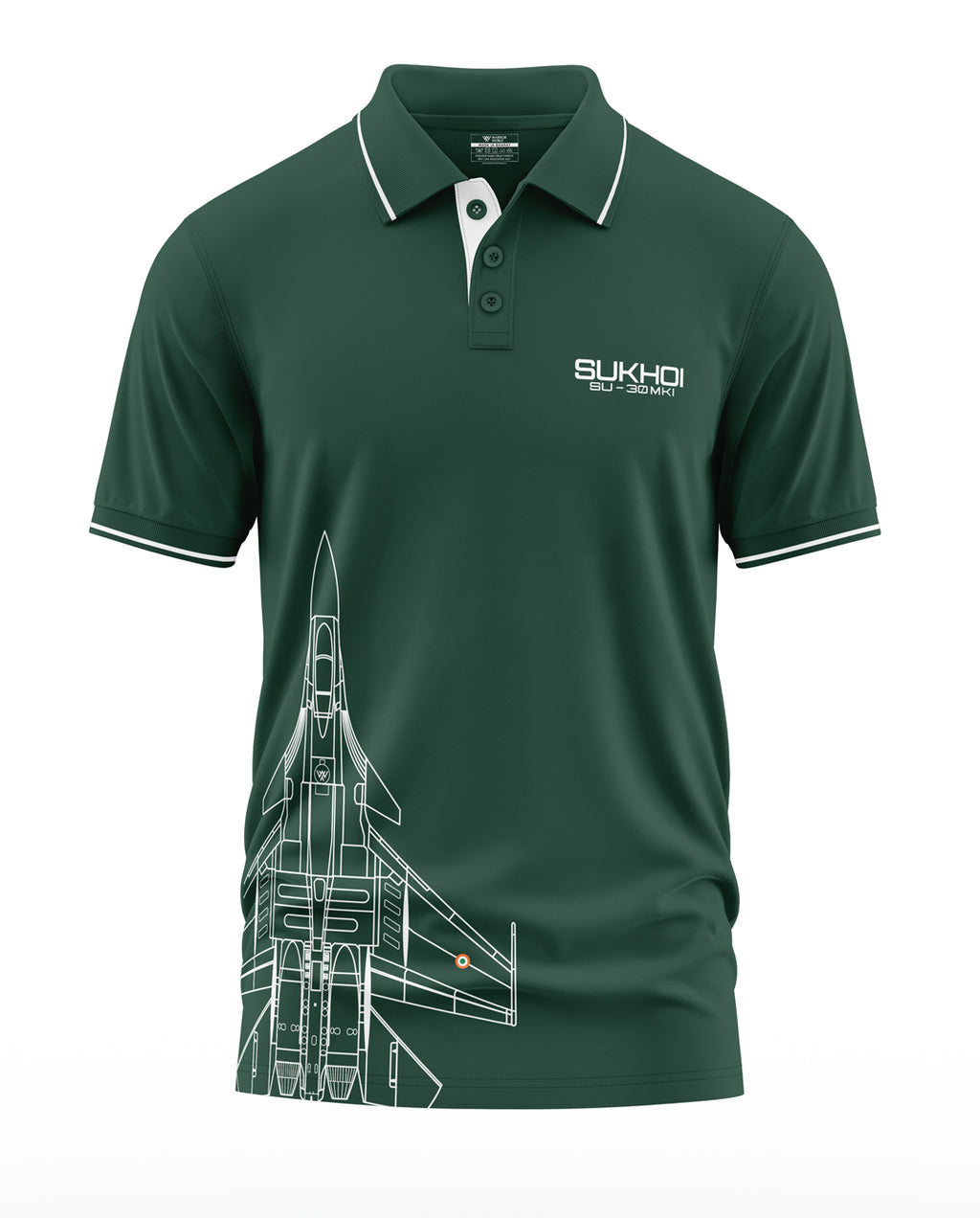 Green men's polo t-shirt with Sukhoi fighter jet graphic and SU-30 MKI text on chest