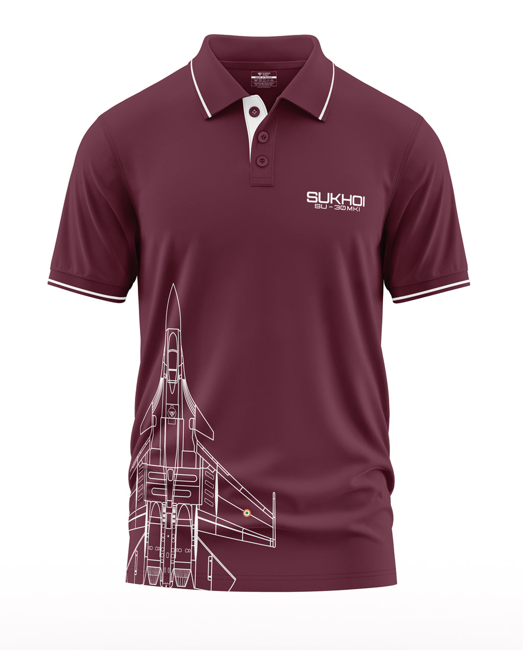 Maroon polo t-shirt with Sukhoi SU-30 MKI fighter jet graphic and white accents