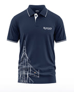 Navy blue polo t-shirt with Sukhoi SU-30MKI jet graphic and white collar detailing