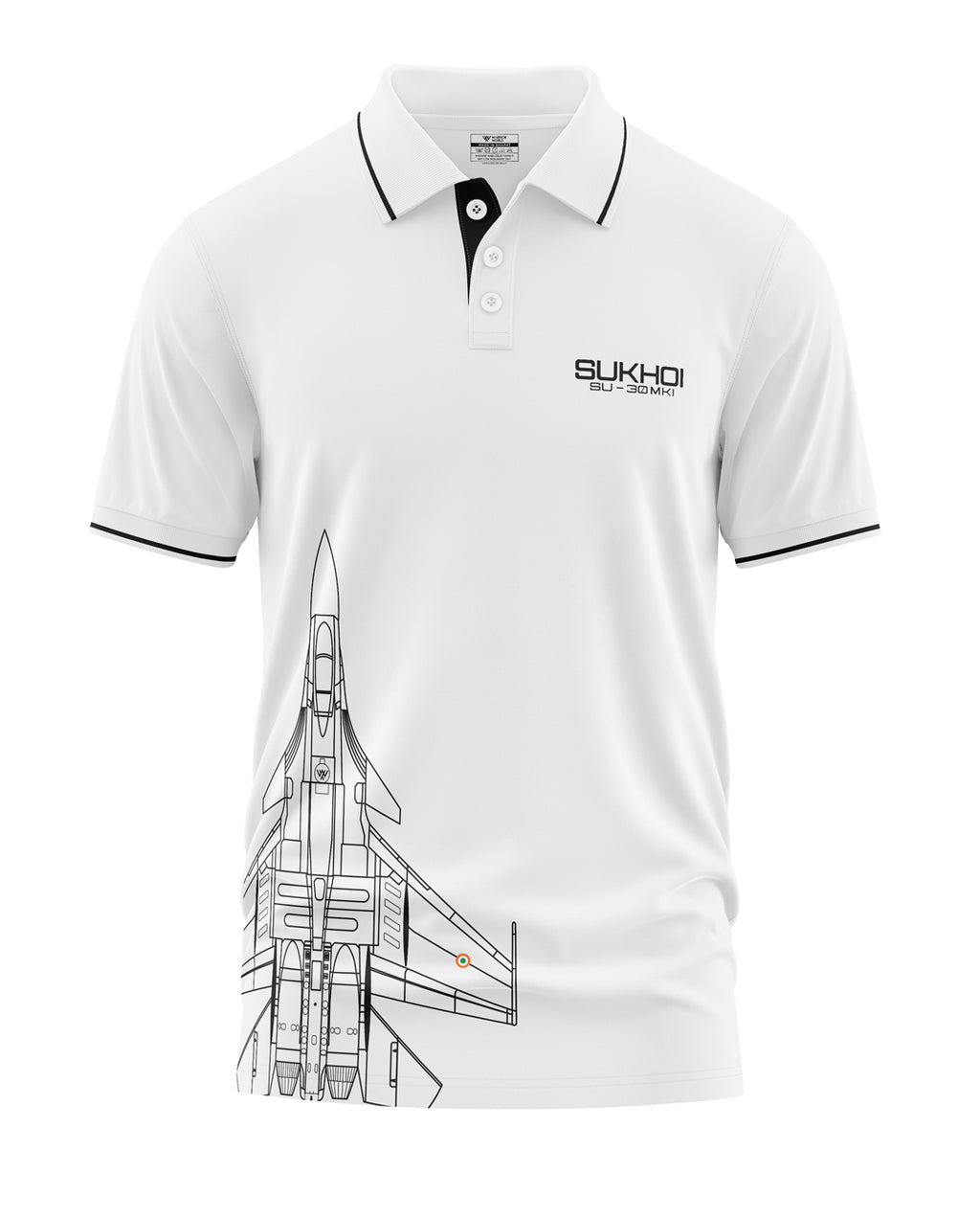 White men's polo T-shirt with Sukhoi SU-30 MKI graphic and jet illustration, black trim