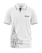 White men's polo T-shirt with Sukhoi SU-30 MKI graphic and jet illustration, black trim