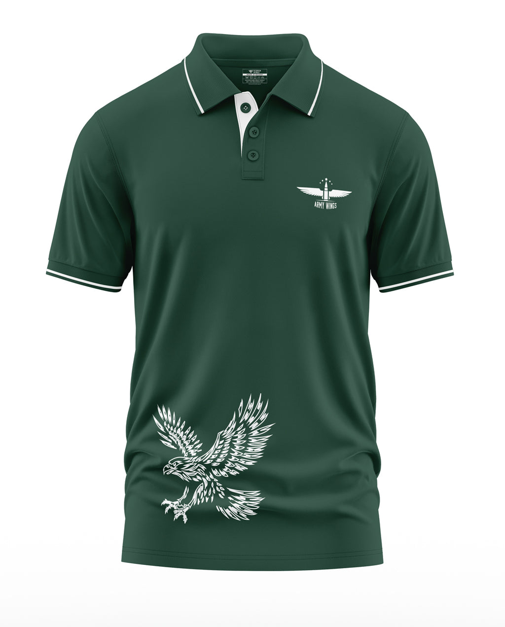Dark green men's polo t-shirt with eagle and winged insignia prints, army-inspired design