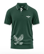 Dark green men's polo t-shirt with eagle and winged insignia prints, army-inspired design