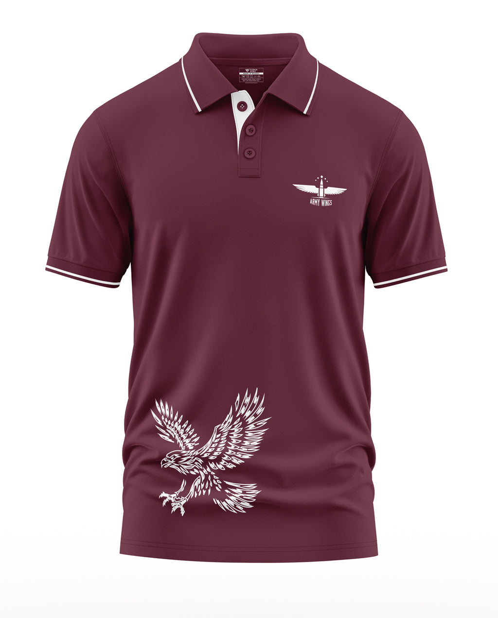 Maroon men's polo t-shirt with white trim, eagle graphic and 'Army Wings' logo on chest.