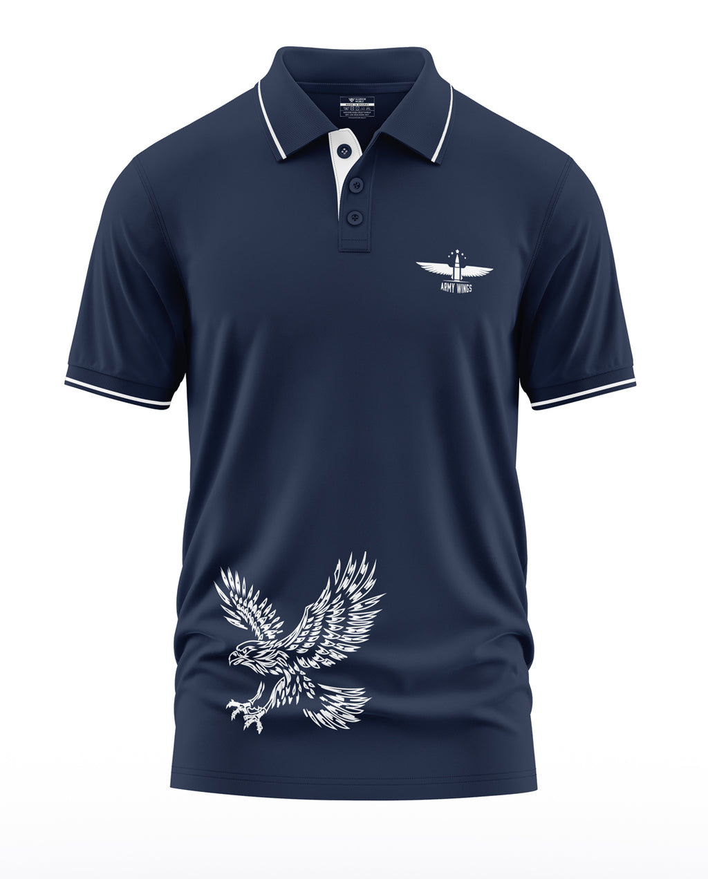Navy blue polo t-shirt for men with white eagle and wing badge graphics, military style design