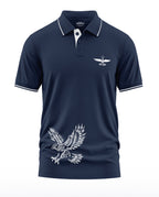 Navy blue polo t-shirt for men with white eagle and wing badge graphics, military style design