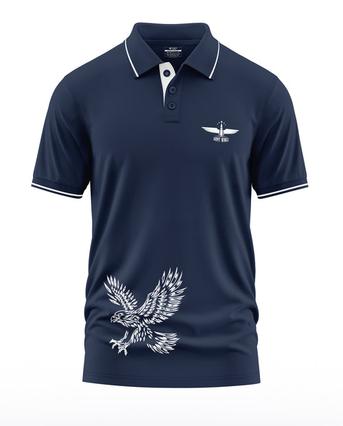 Navy blue polo t-shirt for men with white eagle and wing badge graphics, military style design