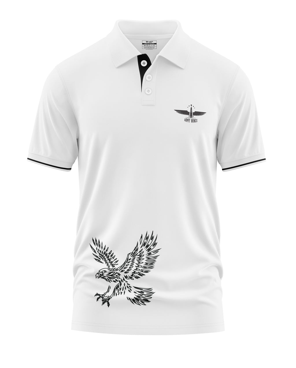 White men's polo t-shirt with black eagle graphic and Army Wings logo, short sleeves