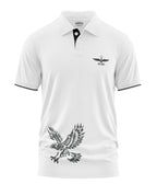 White men's polo t-shirt with black eagle graphic and Army Wings logo, short sleeves