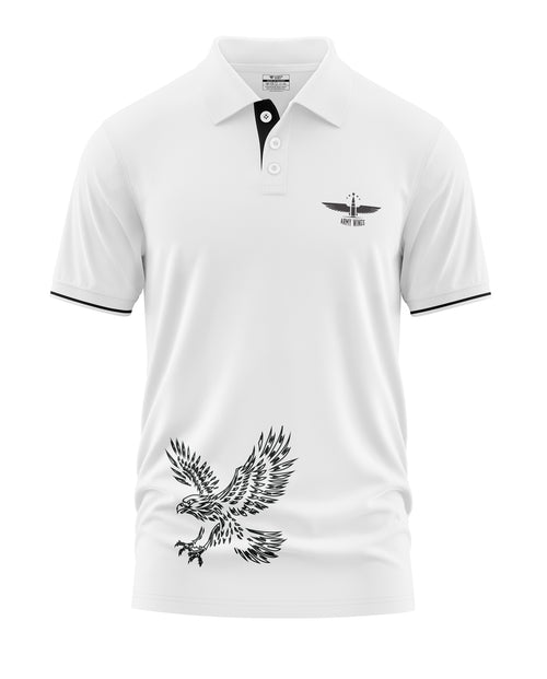 White men's polo t-shirt with black eagle graphic and Army Wings logo, short sleeves