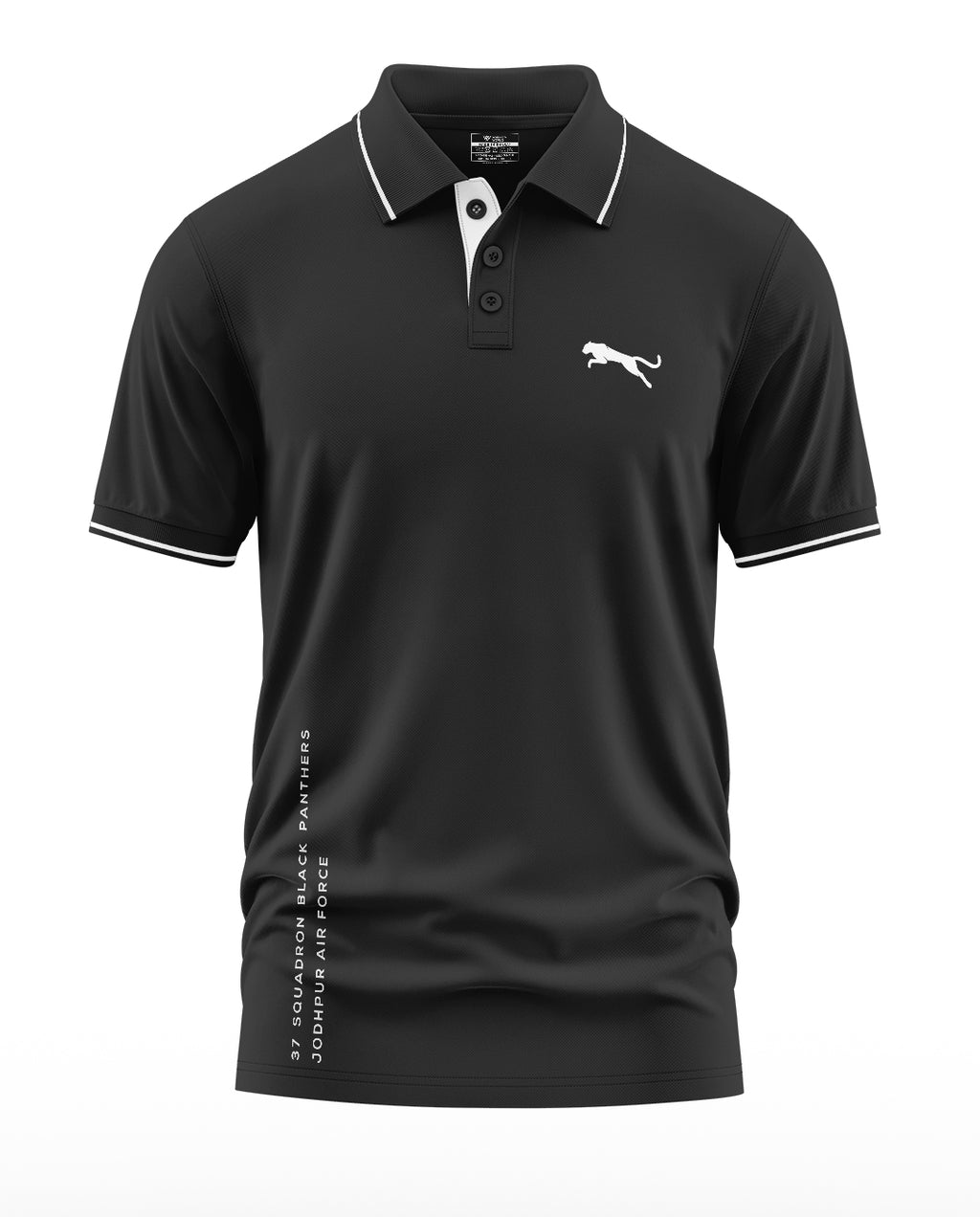 Black men's polo t-shirt with white trim, panther logo, and '37 Squadron Black Panthers Jodhpur Air Force' text.