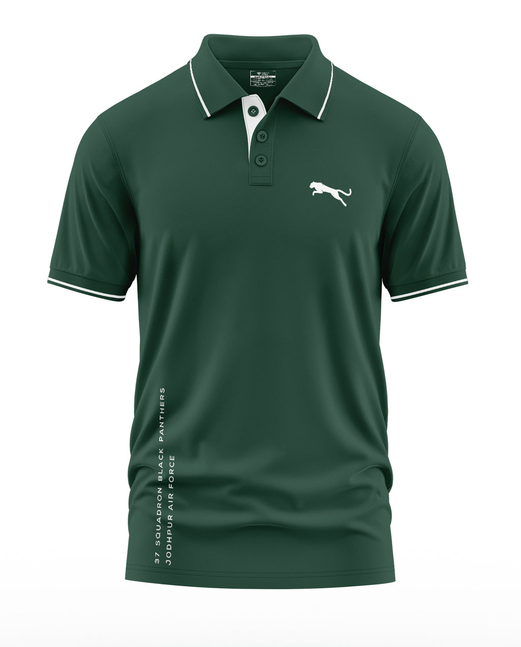 Dark green men's polo t-shirt with white collar trim, pouncing panther logo, and squadron text on side