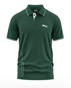 Dark green men's polo t-shirt with white collar trim, pouncing panther logo, and squadron text on side