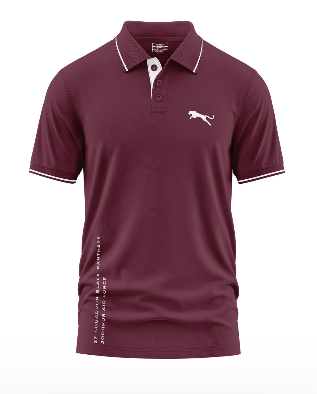 Maroon men's polo t-shirt with white panther logo, army-inspired design, white collar trim