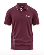 Maroon men's polo t-shirt with white panther logo, army-inspired design, white collar trim