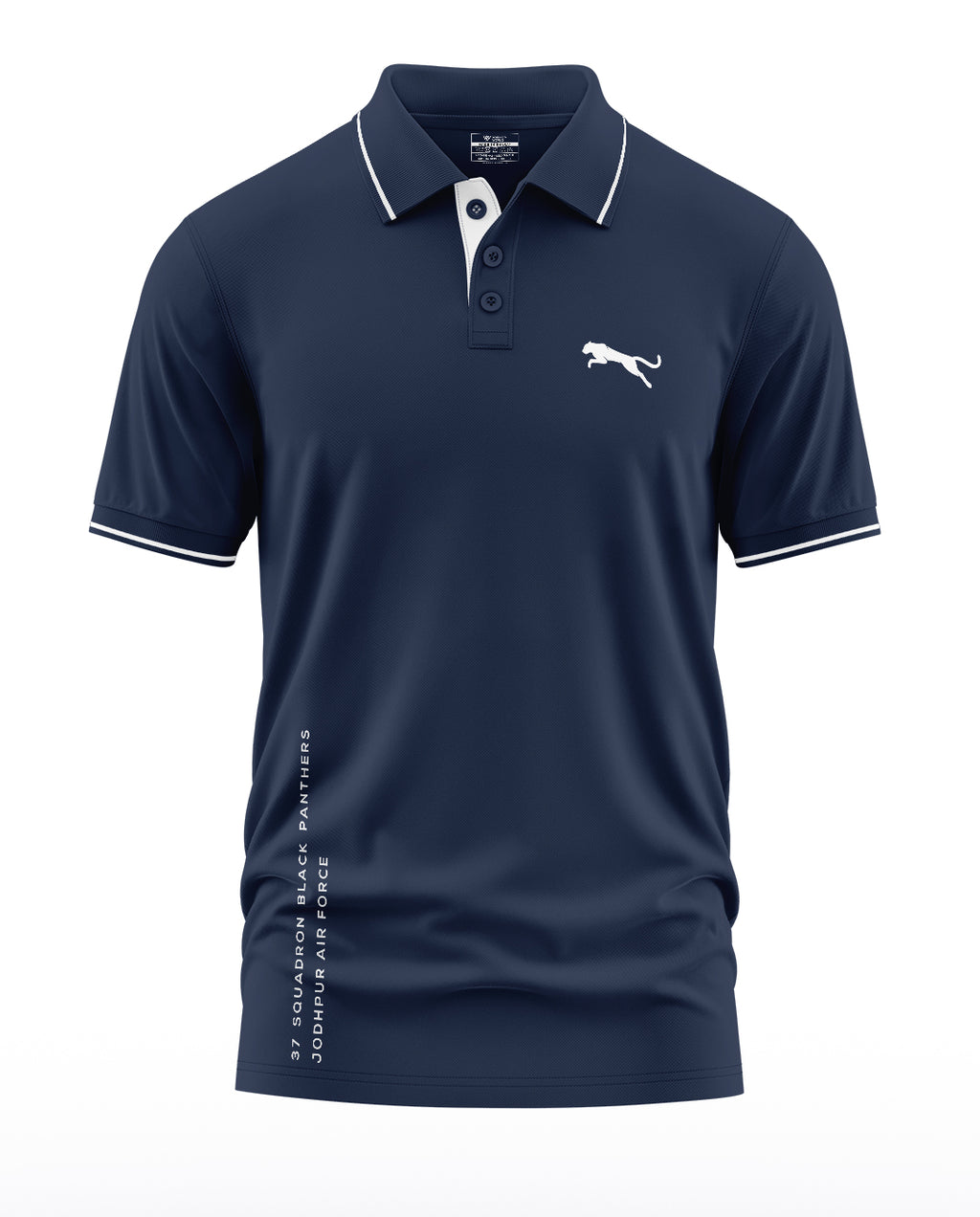 Navy blue men's polo t-shirt with white panther logo and military-inspired text design.