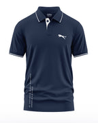 Navy blue men's polo t-shirt with white panther logo and military-inspired text design.