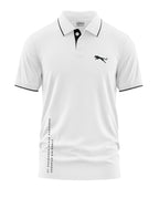 White men's polo t-shirt with black panther logo, black collar accents, and military text