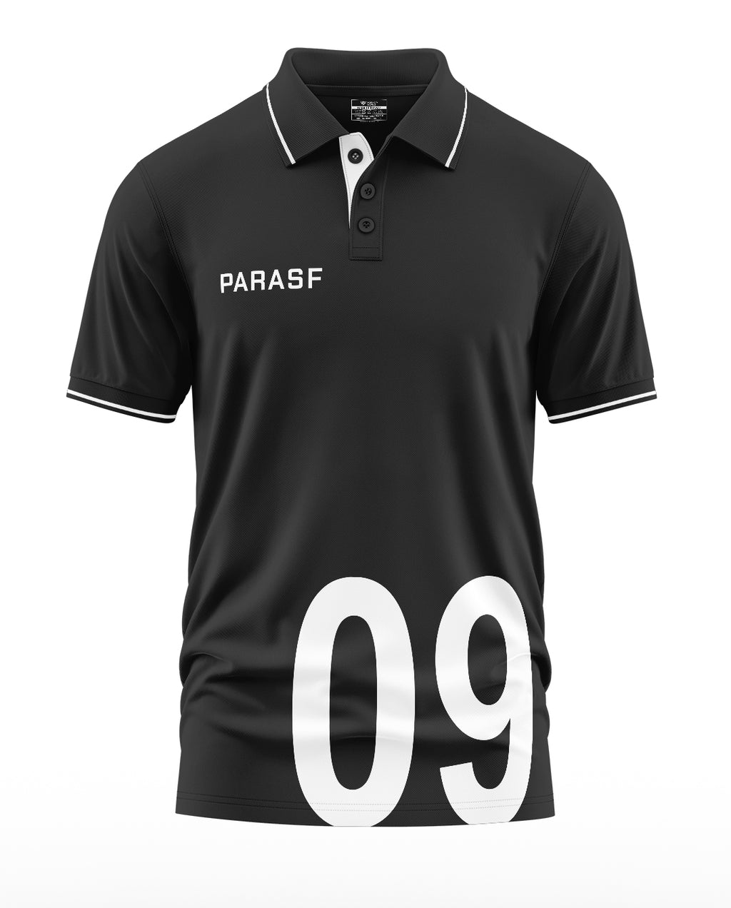 Black men's polo t-shirt with PARASF text and large white 09 number on front