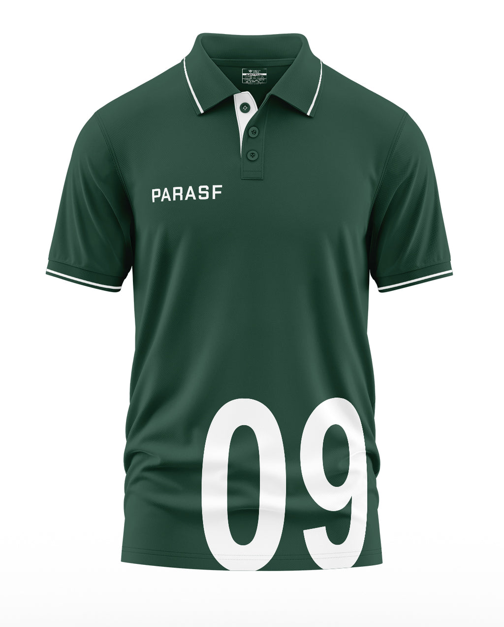 Green men's polo t-shirt with white collar details, 'PARASF' print, and large number 09 on front.