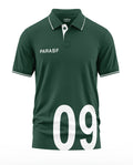 Green men's polo t-shirt with white collar details, 'PARASF' print, and large number 09 on front.