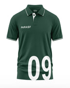 Green men's polo t-shirt with white collar details, 'PARASF' print, and large number 09 on front.