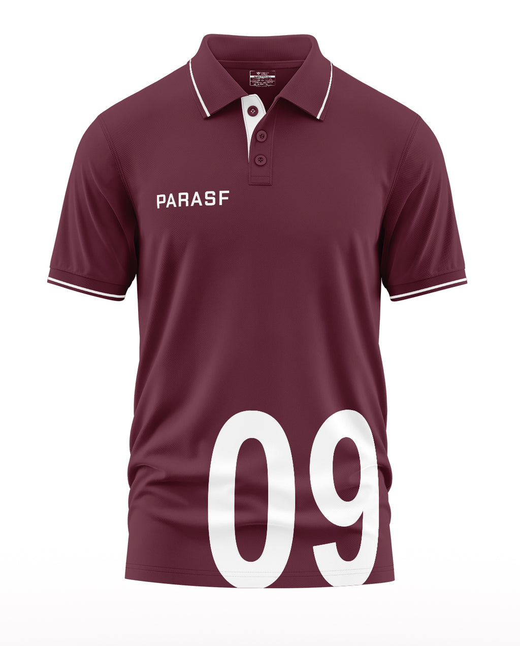 Maroon men's polo t-shirt with PARASF text and large white number 09 on the front