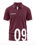 Maroon men's polo t-shirt with PARASF text and large white number 09 on the front