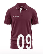 Maroon men's polo t-shirt with PARASF text and large white number 09 on the front