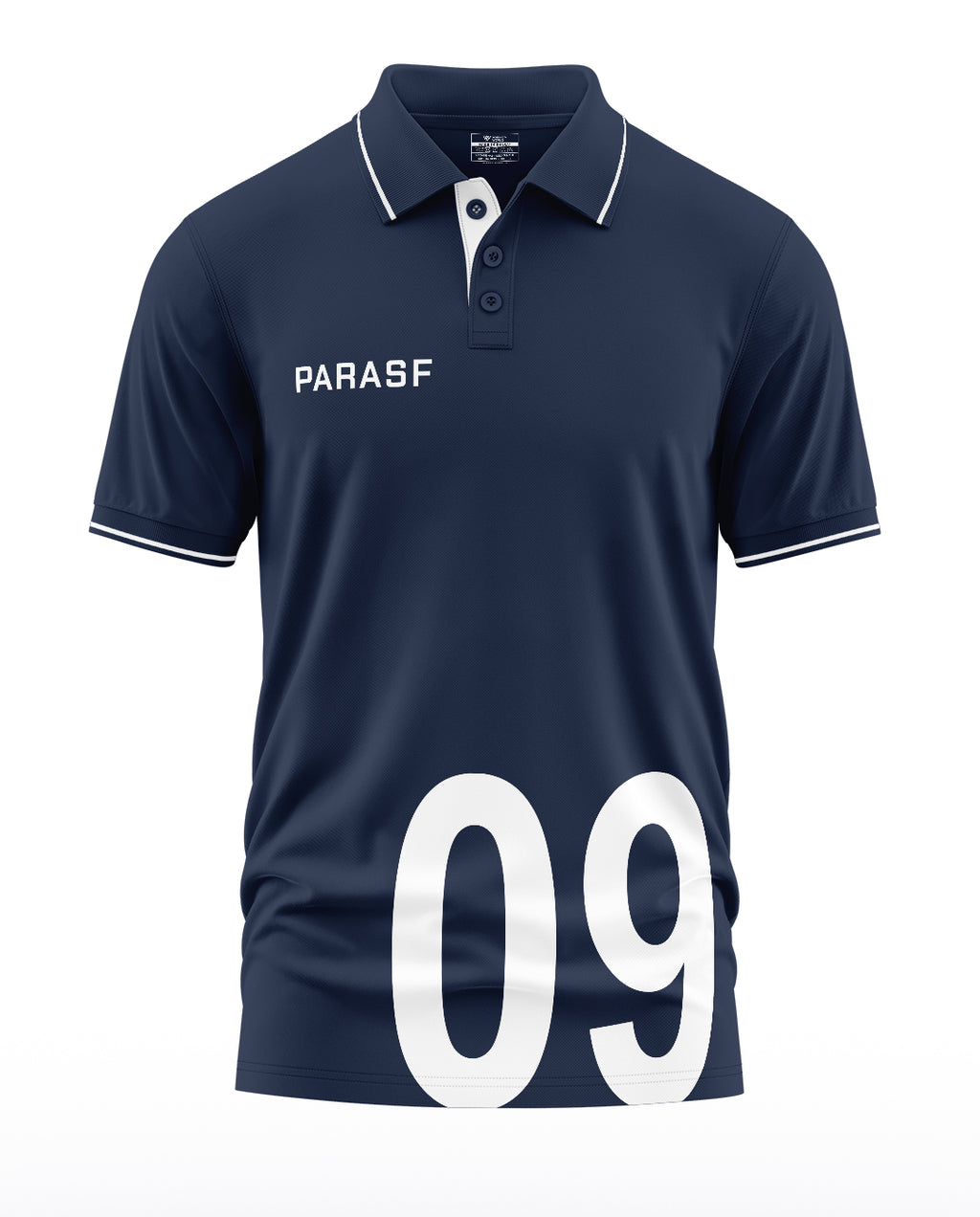 Navy blue men’s polo t-shirt with PARASF text and large white 09 number on front