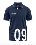 Navy blue men’s polo t-shirt with PARASF text and large white 09 number on front