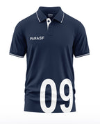 Navy blue men’s polo t-shirt with PARASF text and large white 09 number on front