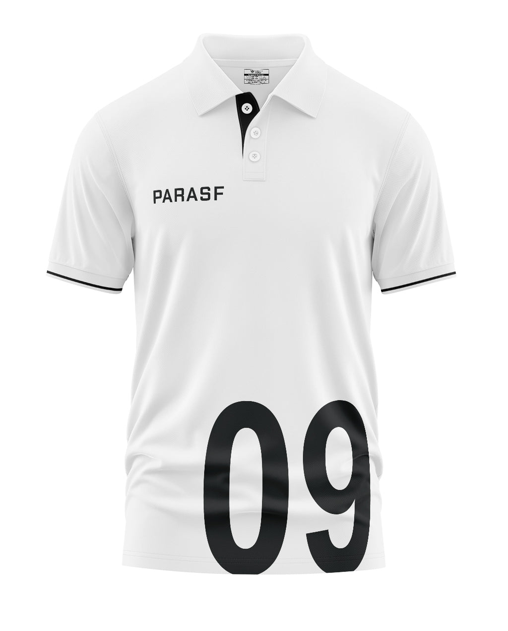 White men's polo t-shirt with black PARASF text, button collar, and large 09 print.