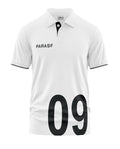 White men's polo t-shirt with black PARASF text, button collar, and large 09 print.