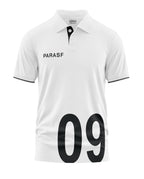 White men's polo t-shirt with black PARASF text, button collar, and large 09 print.