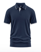 Navy blue men's polo t-shirt with white collar trim and short sleeves