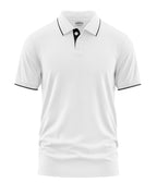 White men's polo t-shirt with black collar and sleeve trim, short sleeves, front buttons.