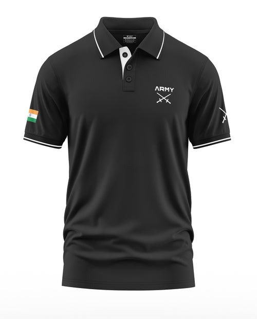 Black men's polo t-shirt with white trim, Indian flag on sleeve, and army insignia print