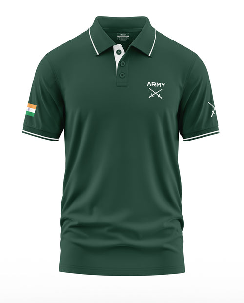Green men's army polo t-shirt with Indian flag sleeve patch and military insignia