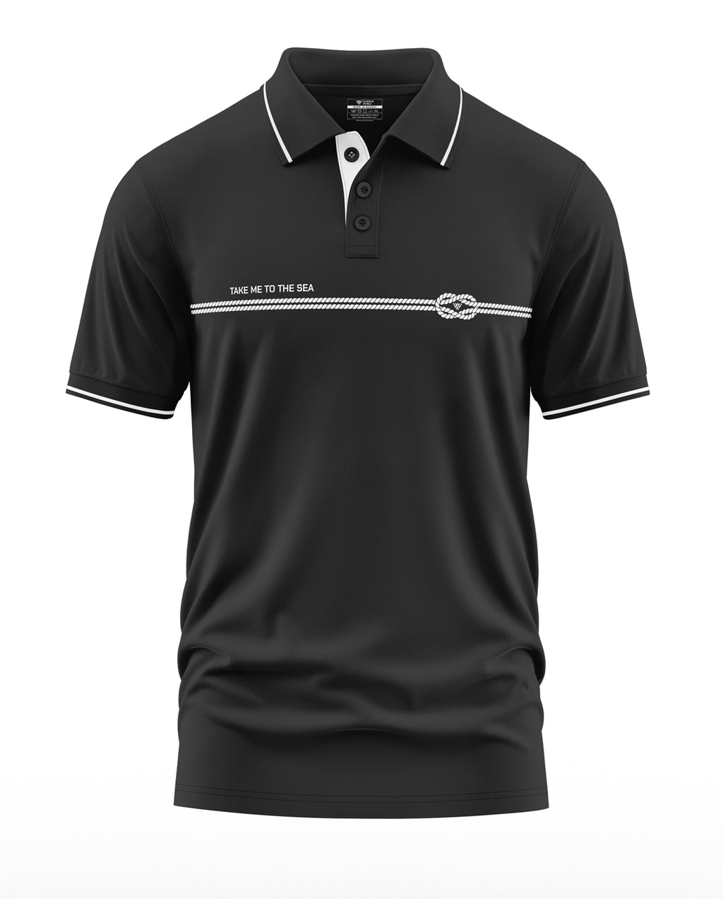 Black men's polo t-shirt with white trim, rope graphic, and 'Take Me to the Sea' text