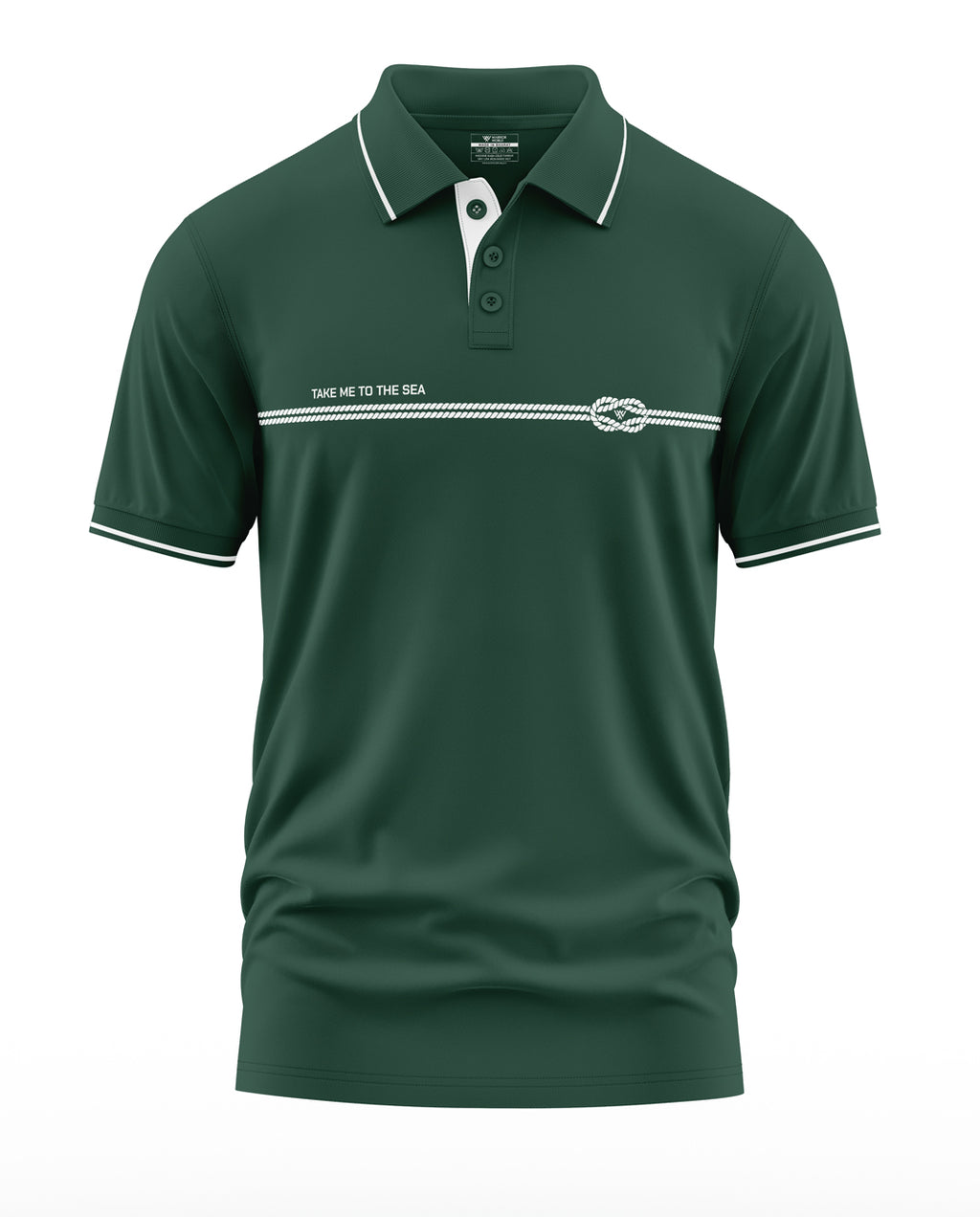 Green men's polo t-shirt with white trim, nautical rope graphic, and 'Take Me To The Sea' text.