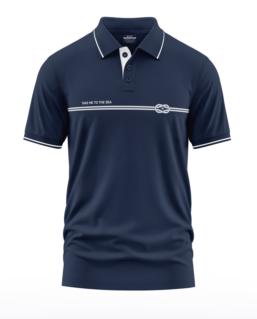 Navy blue men's polo t-shirt with white trim and rope graphic, 'Take Me To The Sea' text
